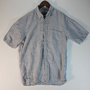 Orvis Mens Large Blue White Striped 100% Linen Short Sleeve Button Down Shirt